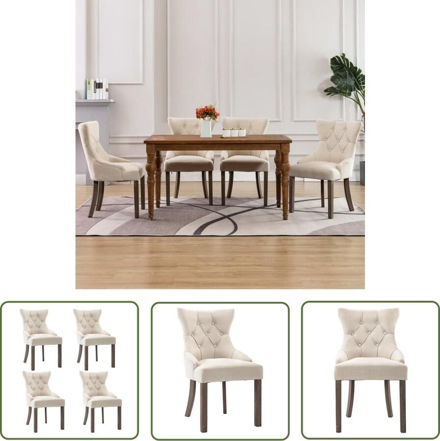 The Living Store Eetkamerstoelenset Beige stof 53 x 65 x 91 cm Knopontwerp Eetkamerstoelen Beige Meubels Design Stoelen Knoopdesign Comfort Stoelen - Foto 2