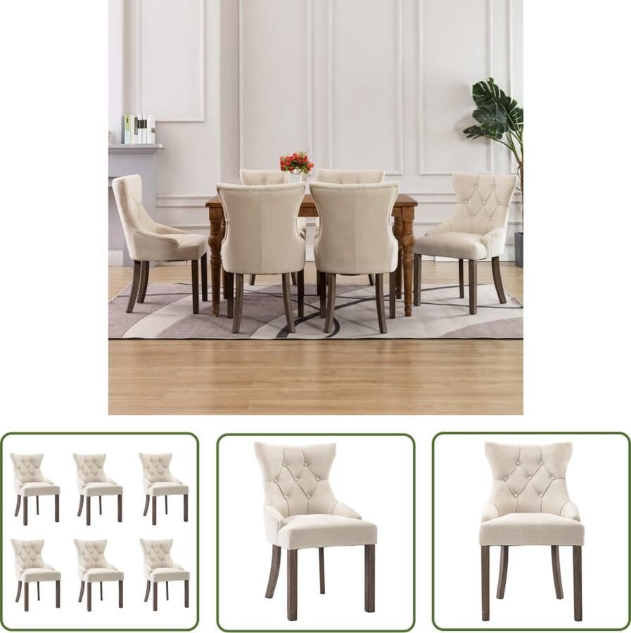 The Living Store Eetkamerstoelenset Beige stof 53 x 65 x 91 cm Knopontwerp Rubberwood Eetkamerstoelen Beige Meubels Design Stoelen Houten Stoelen Comfortabele Stoelen - Foto 2