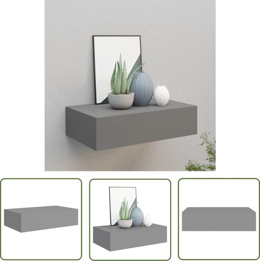 The Living Store Wandschap met lade 40x23 5x10 cm MDF grijs Zwevend Schap Wandenplank Ladekast Bergruimte Minimalistisch Meubilair
