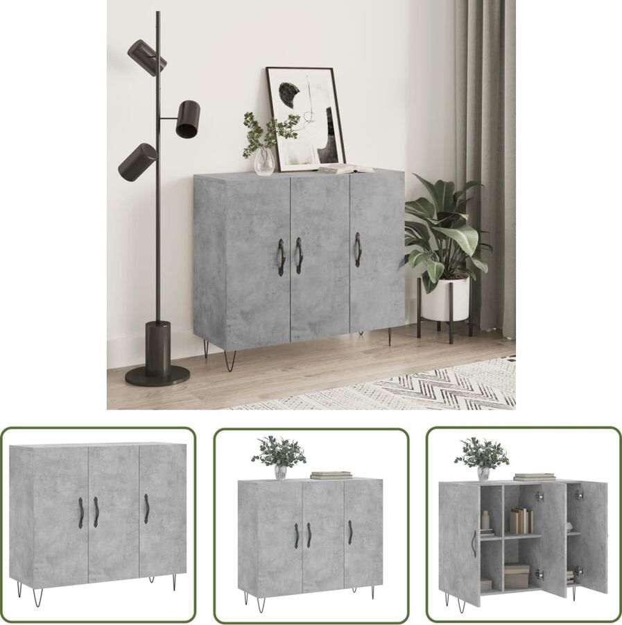 The Living Store Dressoir 90x34x80 cm bewerkt hout betongrijs Dressoir Opbergkast Salontafel Woonaccessoires Betongrijs