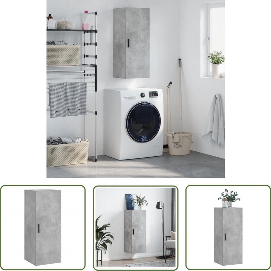 The Living Store Hangkast 34 5x34x90 cm betongrijs Wandkast Houten Kast Opbergkast Betonnen Kast Grijze Kast