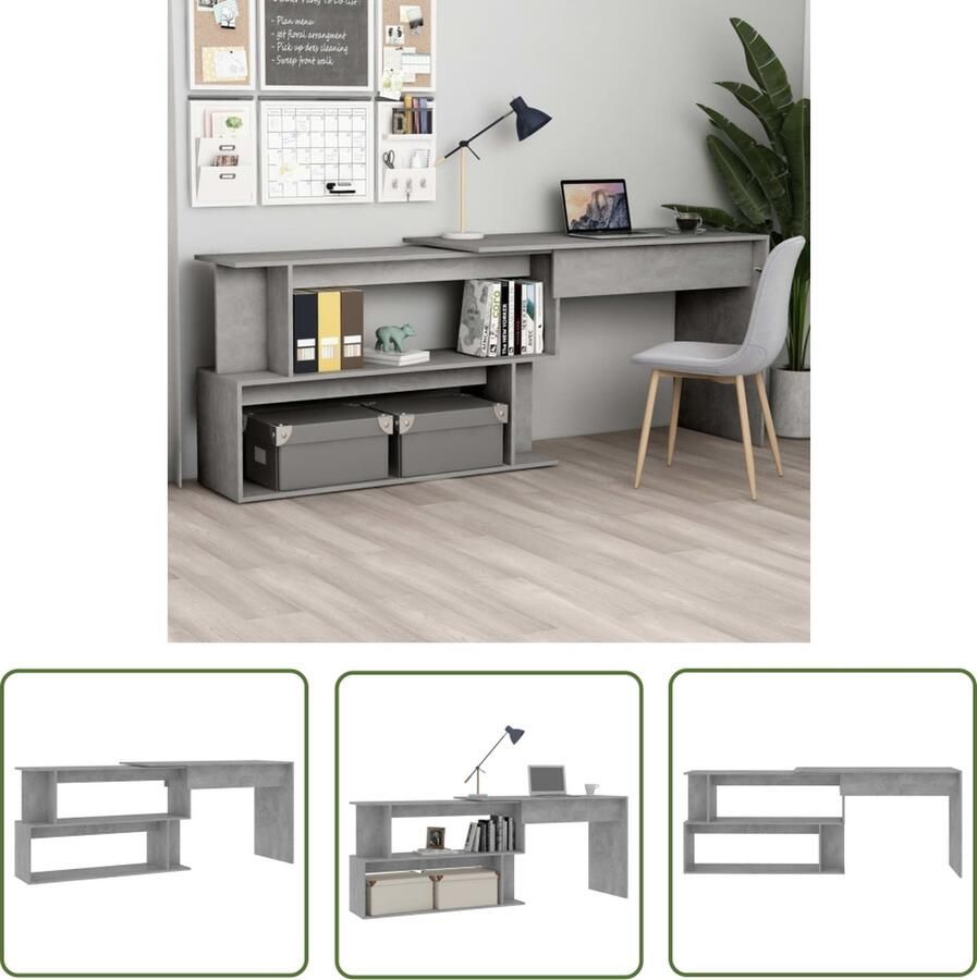 The Living Store Bureau Moderne draaibaar Betongrijs 200 x 50 x 76 cm Hoekbureau 120 x 120 x 76 cm Bewerkt hout Modern Bureau Beton Grijs Hoekbureau Bureaus Met Open Vakken Houten Bureau - Foto 2