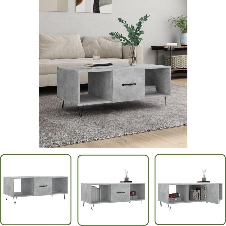The Living Store Salontafel Betongrijs 102 x 50 x 40 cm Drie vakken Bewerkt hout en ijzer Salontafel Beton Grijs Houten Salontafel Salontafeltje Living Room Furniture