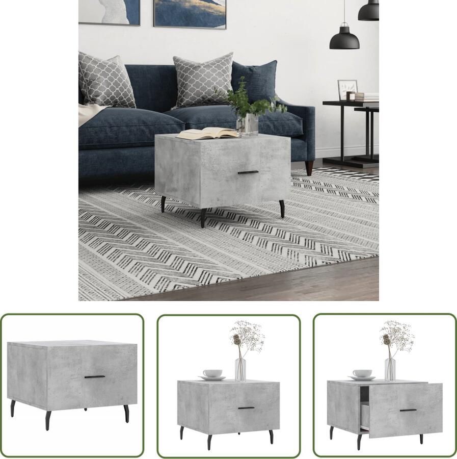 The Living Store Salontafel Betongrijs 50 x 50 x 40 cm Met lade en ijzeren poten Salontafel Beton Grijs Houten Salontafel Bijzettafel Industrieel Meubilair