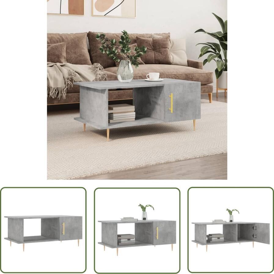 The Living Store Salontafel Betongrijs 90x50x40 cm 2 vakken Bewerkt hout en ijzer Salontafel Beton Grijs Houten Salontafel Salontafeltje Bijzet Tafeltje