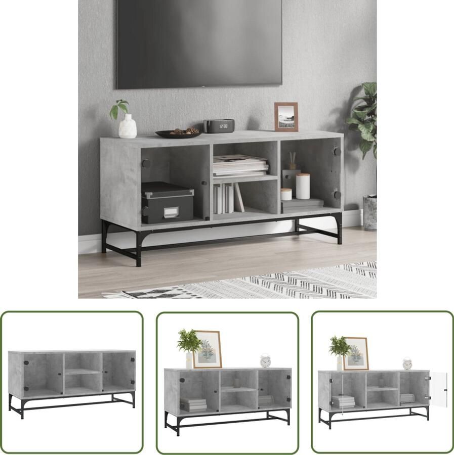The Living Store Tv-meubel met glazen deuren 102x37x50 cm betongrijs Tv-meubel Beton Grijs Houten Tv Kast Opbergkast Mediakast