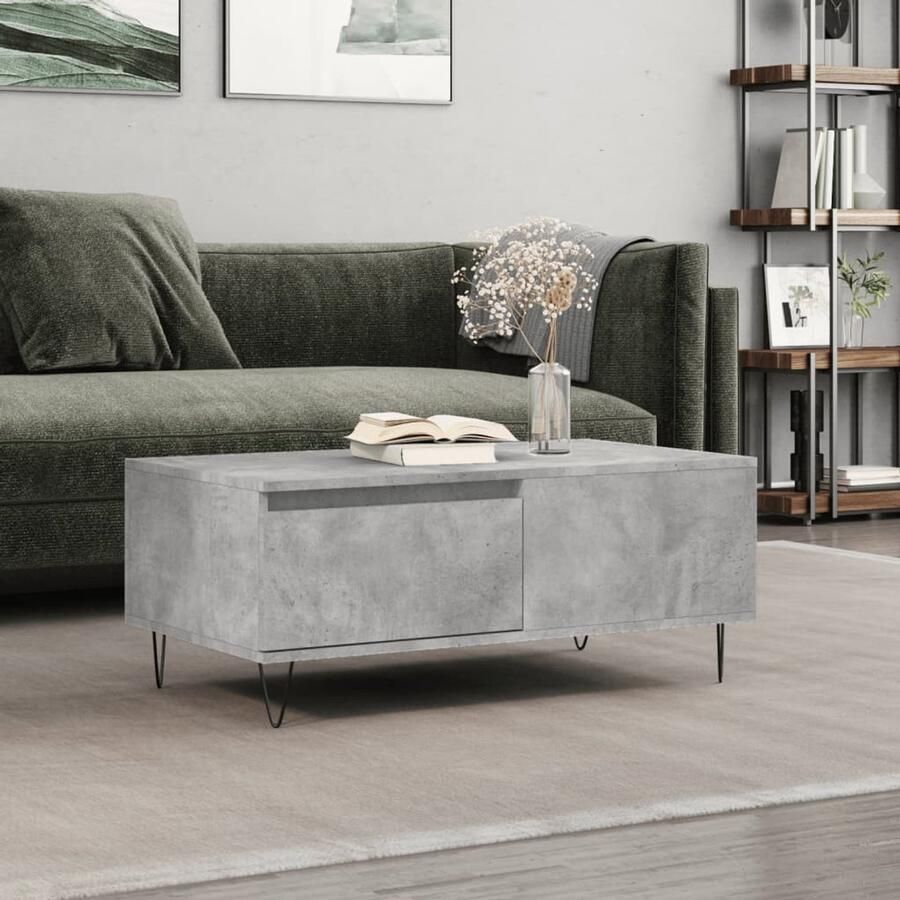 The Living Store Salontafel Betongrijs 90 x 50 x 36.5 cm Bewerkt hout en metaal Salontafel Beton Look Houten Salontafel Bijzettafel Living Room Furniture