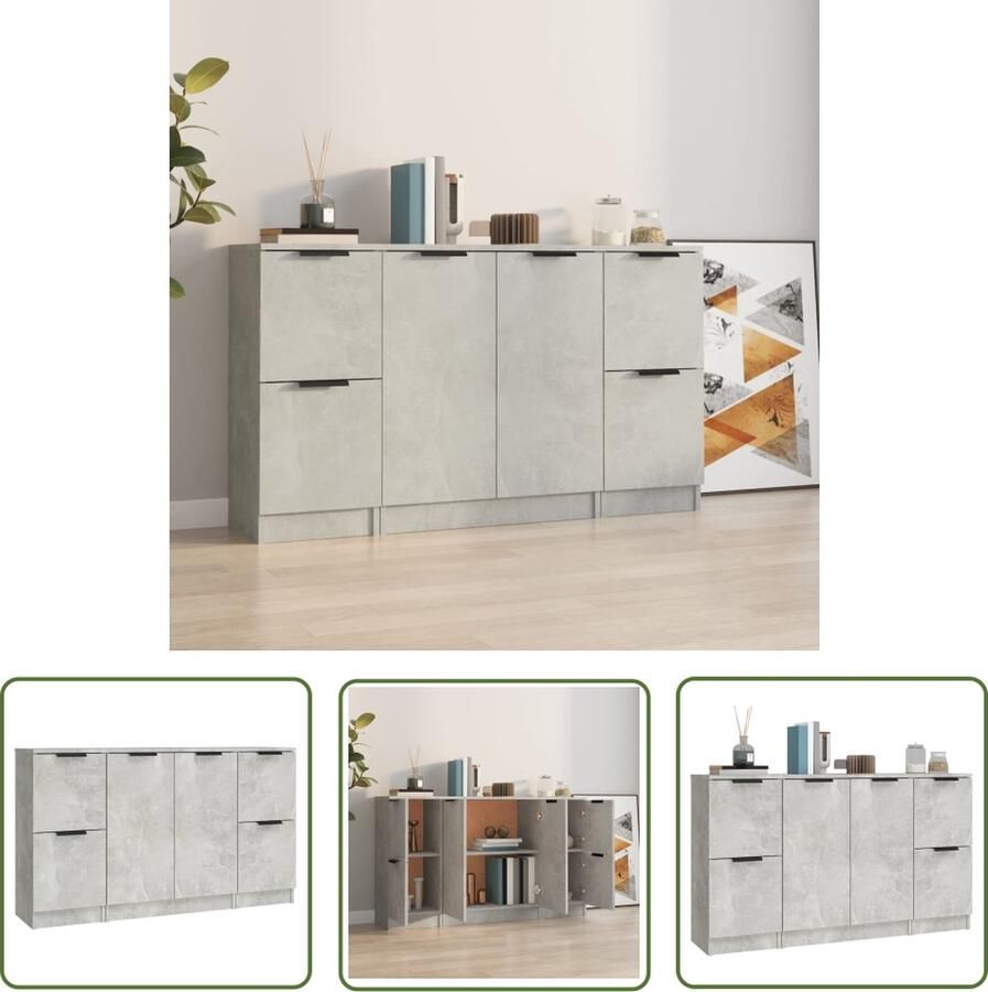 The Living Store Dressoirs 3 st bewerkt hout betongrijs Dressoir Houten Dressoir Grijze Dressoir Minimalistisch Dressoir Opbergmeubel