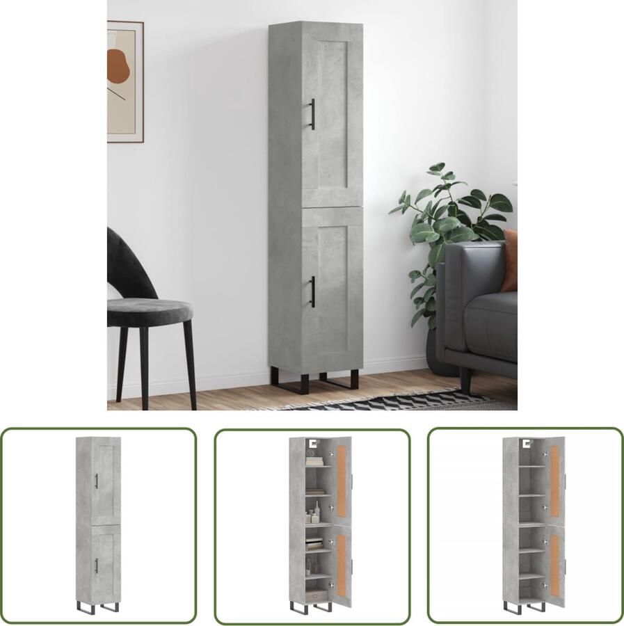 The Living Store Hoge kast 34 5x34x180 cm bewerkt hout betongrijs Hoge Kast Dressoir Buffetkast Opbergkast Houten Kast