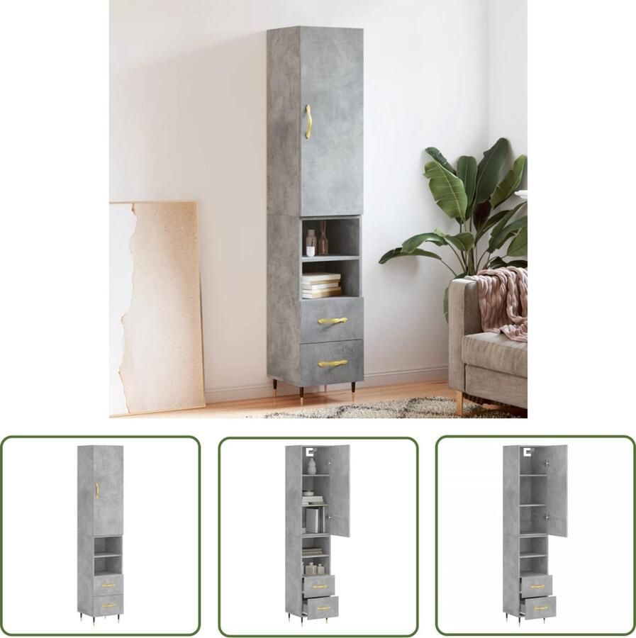 VidaXL Betongrijs Hoge Kast Hoge kast 34 5x34x180 cm bewerkt hout betongrijs Houten Kast Opbergkast Kast Met Twee Compartimenten