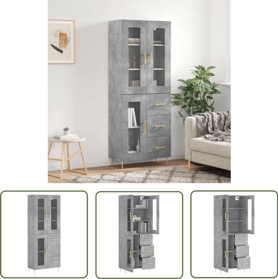 The Living Store Hoge kast 69 5x34x180 cm bewerkt hout betongrijs Hoge Kast Dressoir Buffetkast Opbergkast Houten Kast