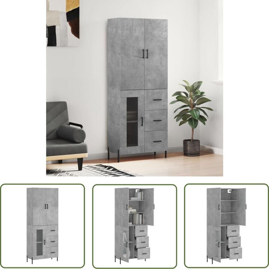 The Living Store Hoge kast 69 5x34x180 cm bewerkt hout betongrijs Hoge Kast Opslagruimte Houten Kast Betonnen Grijze Kast - Foto 3