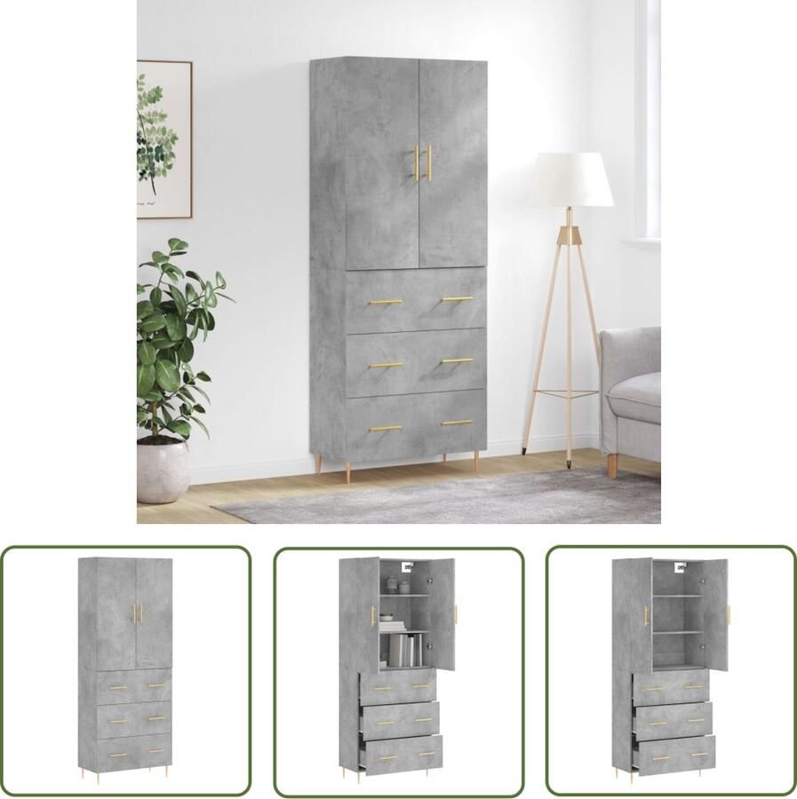 VidaXL Betongrijs Hoge Kast Hoge kast 69 5x34x180 cm bewerkt hout betongrijs Houten Kast Industrieel Design Opbergkast - Foto 3