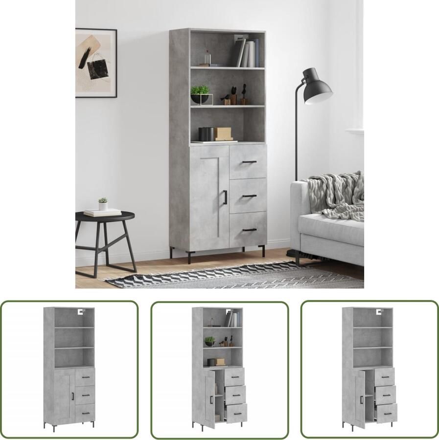The Living Store Hoge Kast Betongrijs 69.5 x 34 x 180 cm Duurzaam houten meubelstuk met metalen voeten Veiligheidsinstructie- bevestig het aan de wand Schroeven en pluggen niet inbegrepen - Foto 4