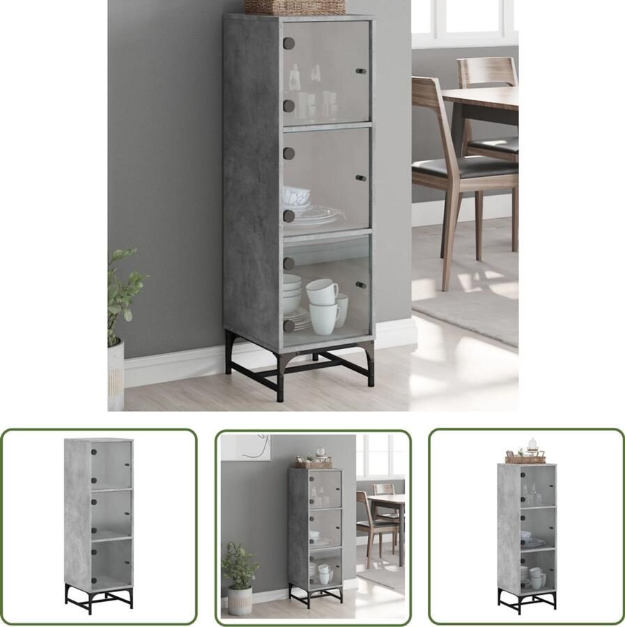 The Living Store Hoge kast met glazen deuren 35x37x120 cm betongrijs Hoge Kast Betonnen Grijze Kast Houten Kast Opbergkast Vitrinekast