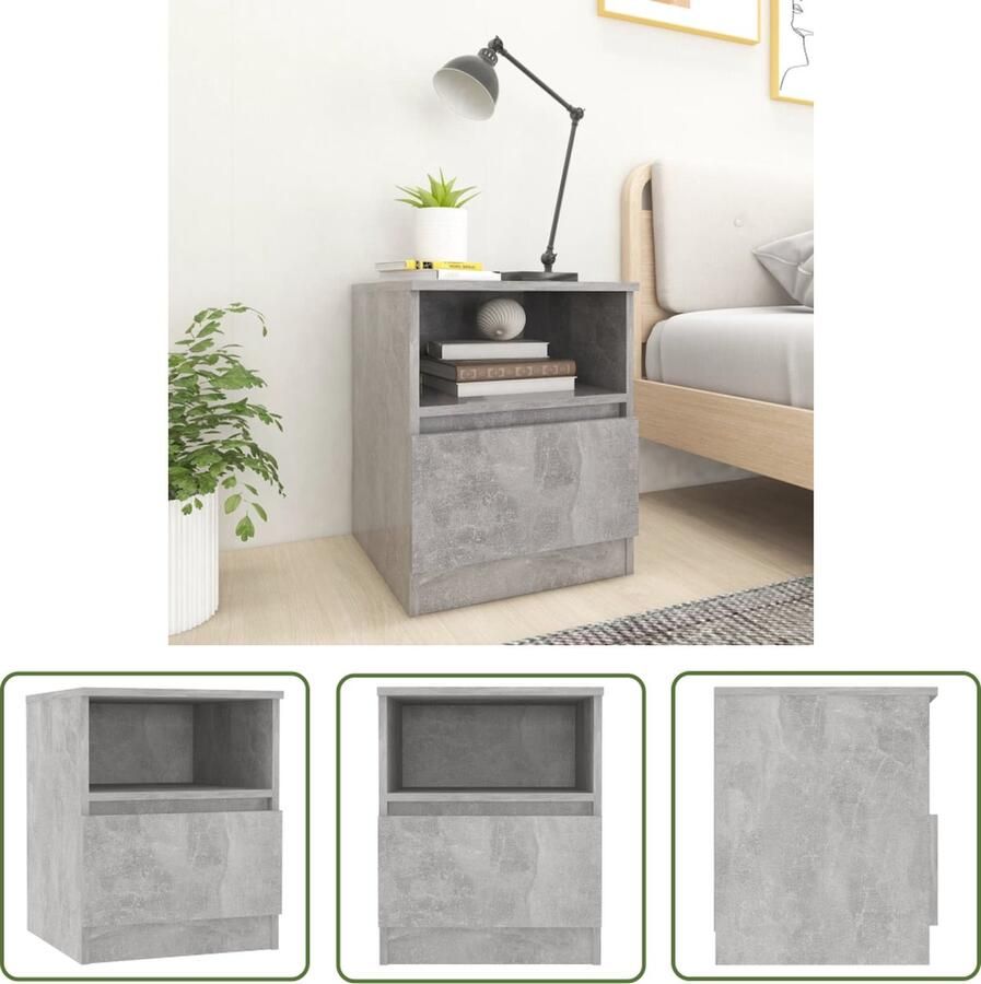 The Living Store Nachtkastje Betongrijs 40 x 40 x 50 cm 1 lade en 1 schap Stevige constructie Nachtkastje Betongrijs Houten Nachtkastje Nachttafel Bijzettafels - Foto 2