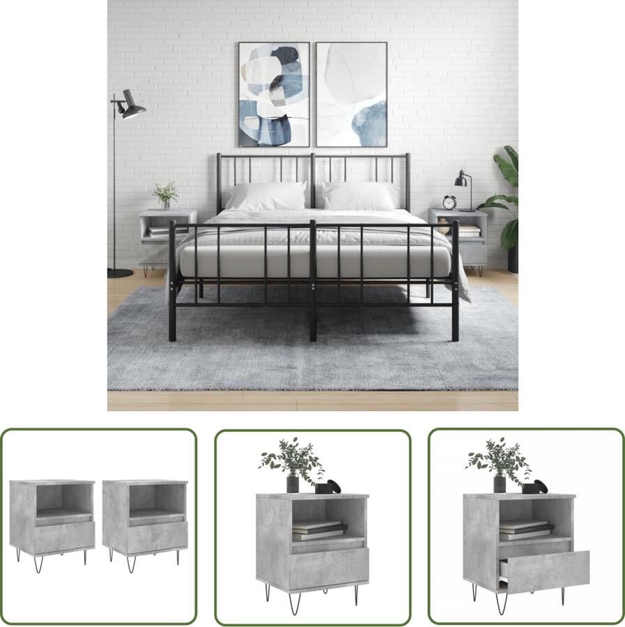 The Living Store Nachtkastjes Betongrijs Bewerkt Hout en Metaal 40 x 35 x 50 cm 1 Lade 1 Vak Nachtkastjes Betongrijs Kastje Slaapkamer Houten Kast