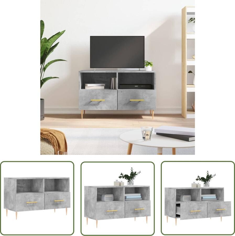 The Living Store TV-meubel Betongrijs 80 x 36 x 50 cm Bewerkt hout en ijzer Tv-meubel Beton Grijs Houten Tv Kast Salontafel Livingroom Furniture - Foto 2