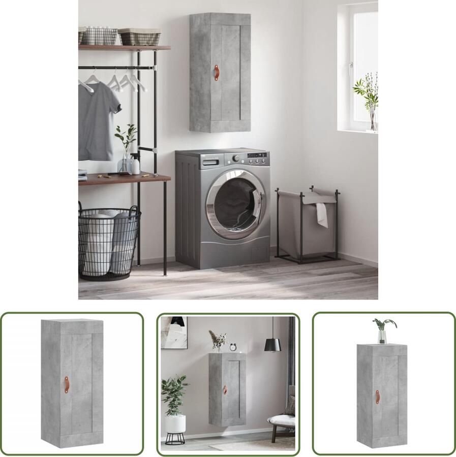 The Living Store Wandgemonteerde kast Betongrijs 34.5 x 34 x 90 cm Hoge kwaliteit hout Opbergkast met deur Zwevend ontwerp Kunstleren handgreep
