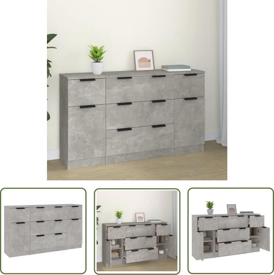 VidaXL Betongrijze Dressoirs Stijlvolle Dressoirs 3-delige Dressoirset bewerkt hout betongrijs Houten Dressoirs Dressoirset Opbergmeubilair