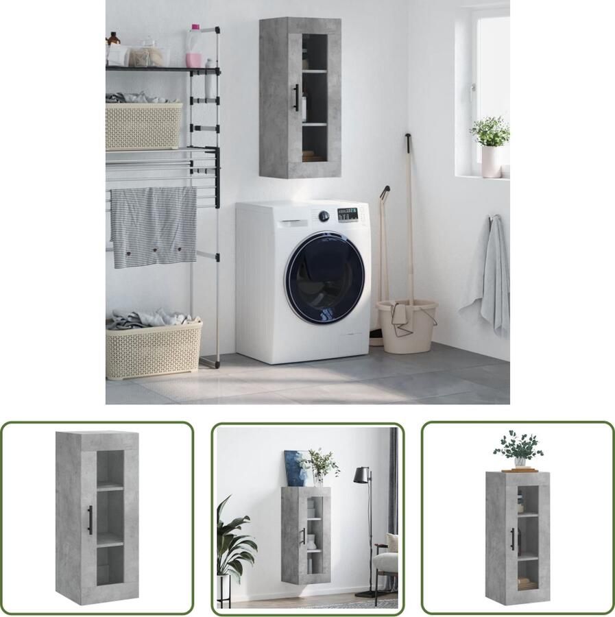 The Living Store Hangkast 34 5x34x90 cm betongrijs Zwevende Kast Wandkast Opbergkast Houten Kast Glazen Kast