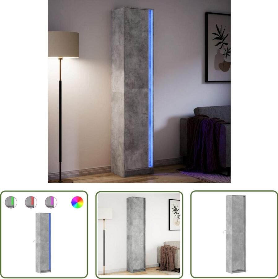 VidaXL Hoge kast met LED 41 5x32 5x200 cm bewerkt hout betongrijs Hoge Kast Betonnen Grijs Led Verlichting Houten Kast Opbergkast