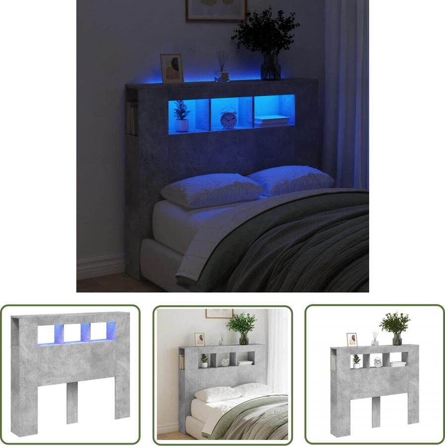 The Living Store Hoofdeinde met LED 120x18 5x103 5 cm bewerkt hout betongrijs LED Hoofdbord Betonnen Grijs Hoofdkussen Led Verlichting Slaapkamersdecoratie