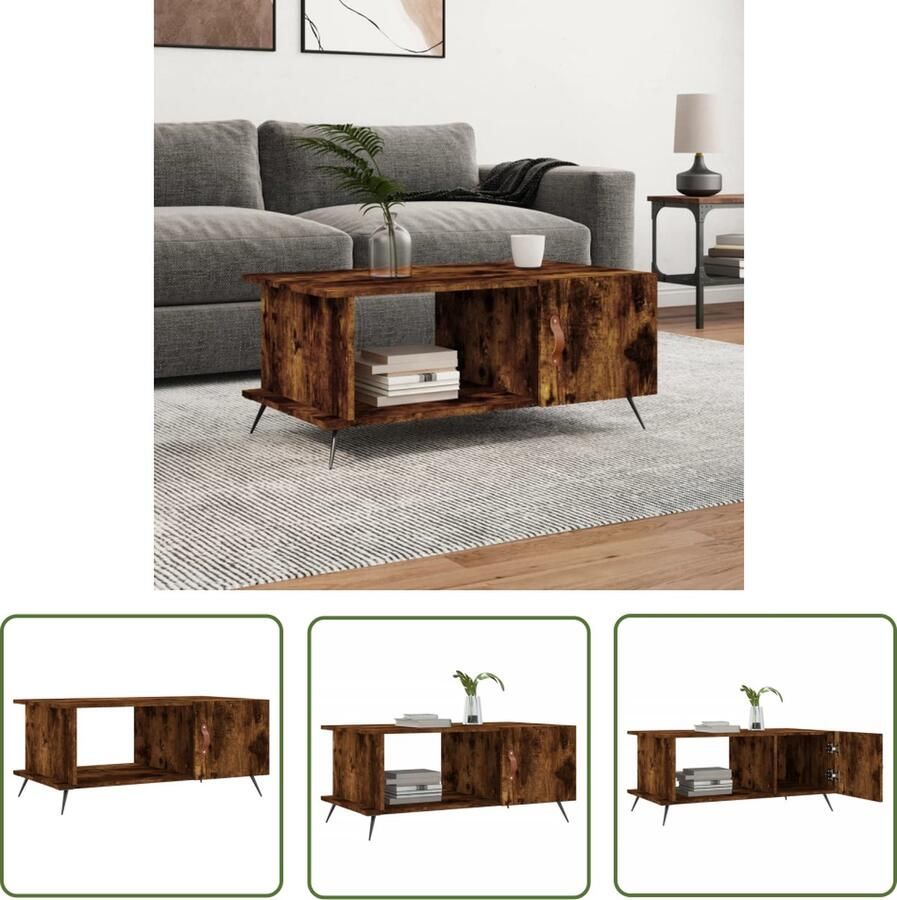 The Living Store Salontafel Gerookt Eiken Bewerkt Hout 90 x 50 x 40 cm IJzeren Poten Salontafel Bewerkt Hout Houten Salontafel Met Lade Gerookt Eiken