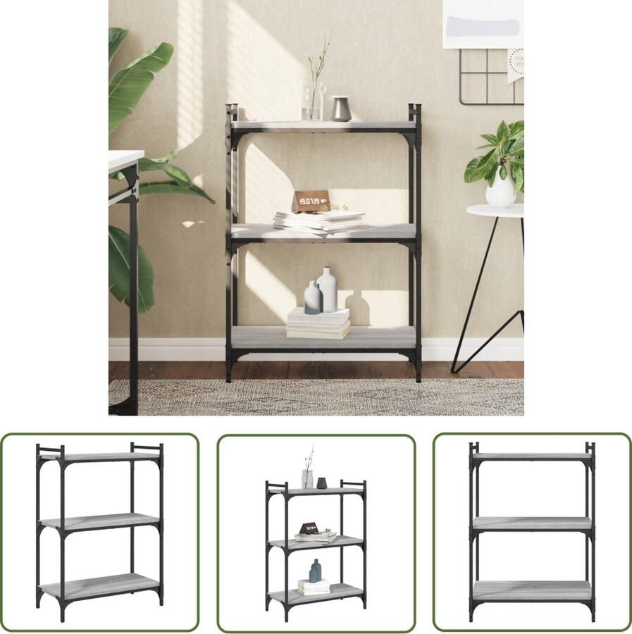 The Living Store Boekenkast 3-laags 60x30x86 cm bewerkt hout grijs sonoma eiken Boekenkast Bibliotheek Houten Boekenkast Grijze Boekenkast Design Boekenkast