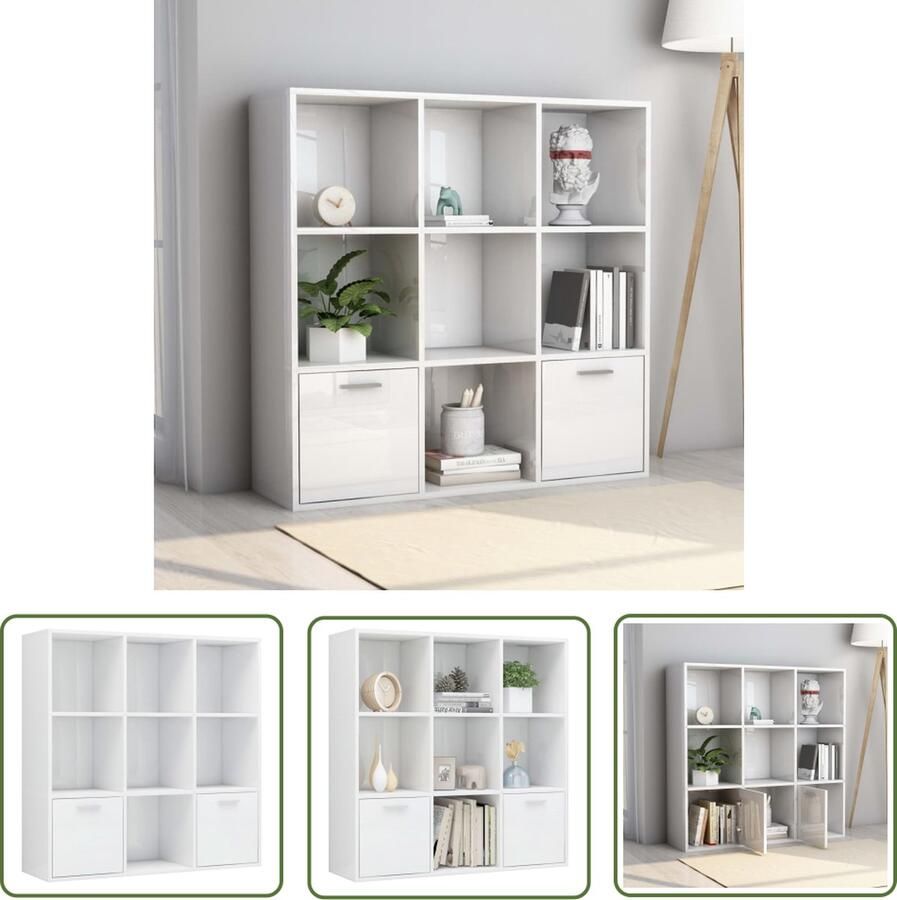 The Living Store Boekenkast Hoogglans wit 98 x 30 x 98 cm 7 kubussen en 2 deuren Boekenkast Bibliotheek Houten Boekenkast Witte Boekenkast Hoge Boekenkast - Foto 2