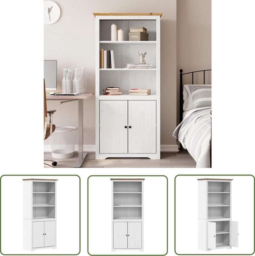 The Living Store Boekenkast BODO 82x40x173 cm massief grenenhout wit en bruin Boekenkast Bibliotheek Houten Boekenkast Frans Design Vintage Boekenkast