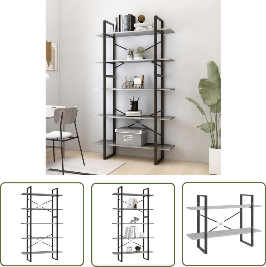 The Living Store Boekenkast met 5 schappen 100x30x175 cm bewerkt hout betongrijs Boekenkast Bibliotheek Industrieel Design Houten Boekenkast Grijze Boekenkast - Foto 2