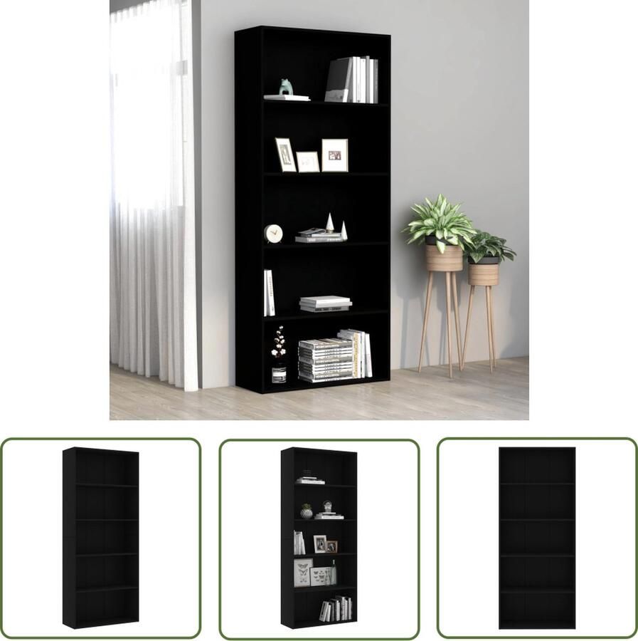 VidaXL Bibliotheek Boekenkast met 5 schappen 80x30x189 cm bewerkt hout zwart Houten Boekenkast Zwarte Boekenkast Boekenplank - Foto 2