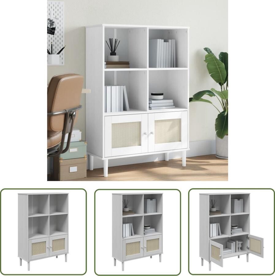 The Living Store SENJA Boekenkast 90 x 35 x 130 cm Massief grenenhout met uv-vernis en poly rattan Boekenkast Bibliotheek Grenenhout Boekenkast Vintage Boekenkast Moderne Boekenkast
