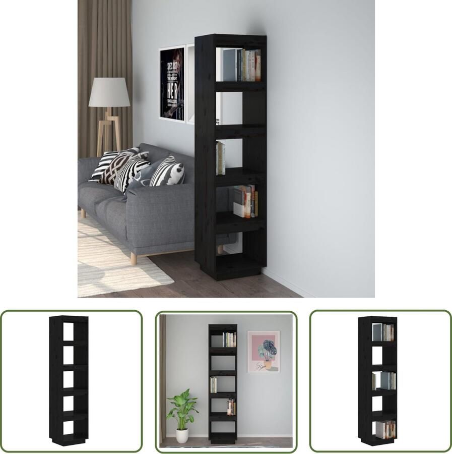 The Living Store Boekenkast kamerscherm 40x35x167 cm massief grenenhout zwart Boekenkast Bibliotheek Houtmeubel Grenenhouten Boekenkast Zwarte Boekenkast - Foto 2