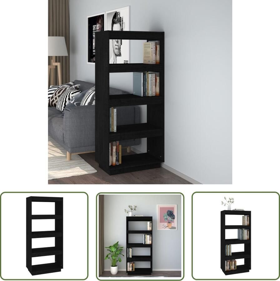 The Living Store Boekenkast kamerscherm 60x35x135 cm massief grenenhout zwart Boekenkast Bibliotheek Houtmeubel Grenenhouten Boekenkast Zwarte Boekenkast - Foto 2