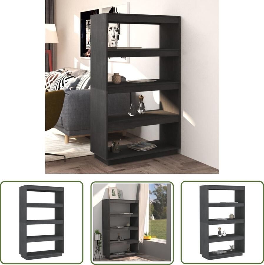 The Living Store Boekenkast kamerscherm 80x35x135 cm massief grenenhout grijs Boekenkast Bibliotheek Grenoble Hout Grijze Boekenkast Kamerdivider - Foto 2
