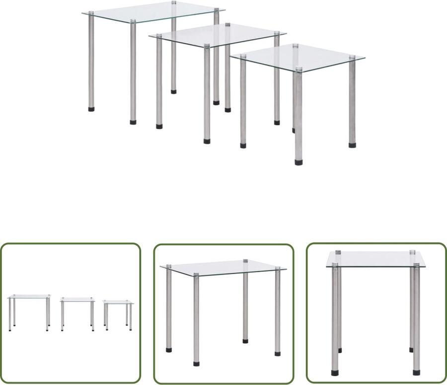 The Living Store Tafelset Glas RVS 3 stuks Transparant 45.5x29.5x37 cm Voor leefruimte Glas Tafels Bijzet Tafels Salontafel Koffie Tafel Transparante Tafels - Foto 2