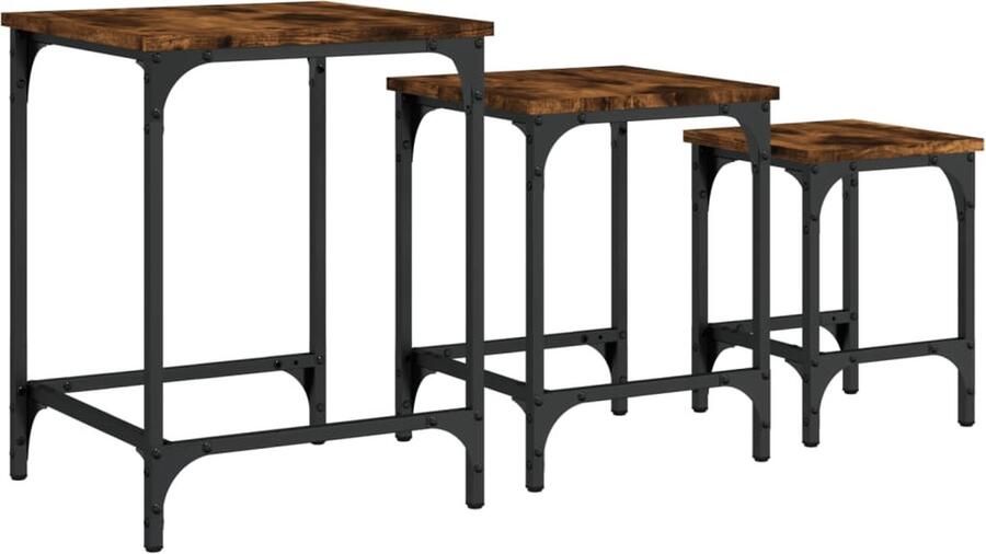 The Living Store 3-delige Tafeltjesset bewerkt hout gerookt eikenkleurig Salontafel Set Industrieel Design Houten Salontafel Multifunctionele Salontafel Stackbare Salontafel