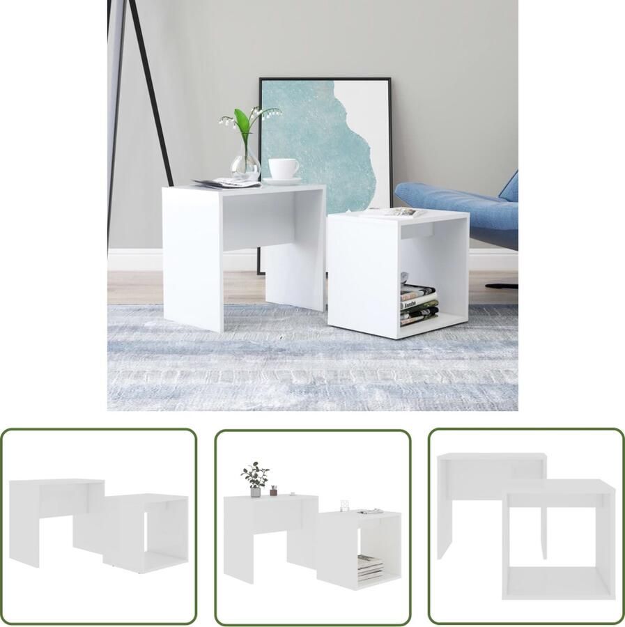 The Living Store Tafeltjesset 2-delig Wit Gemaakt van bewerkt hout Afmetingen- 48 x 30 x 45 cm (L x B x H) Ruimtebesparend Salontafel Bijzet Tafels Houten Meubilair Witte Meubelen Compacte Meubelen - Foto 2