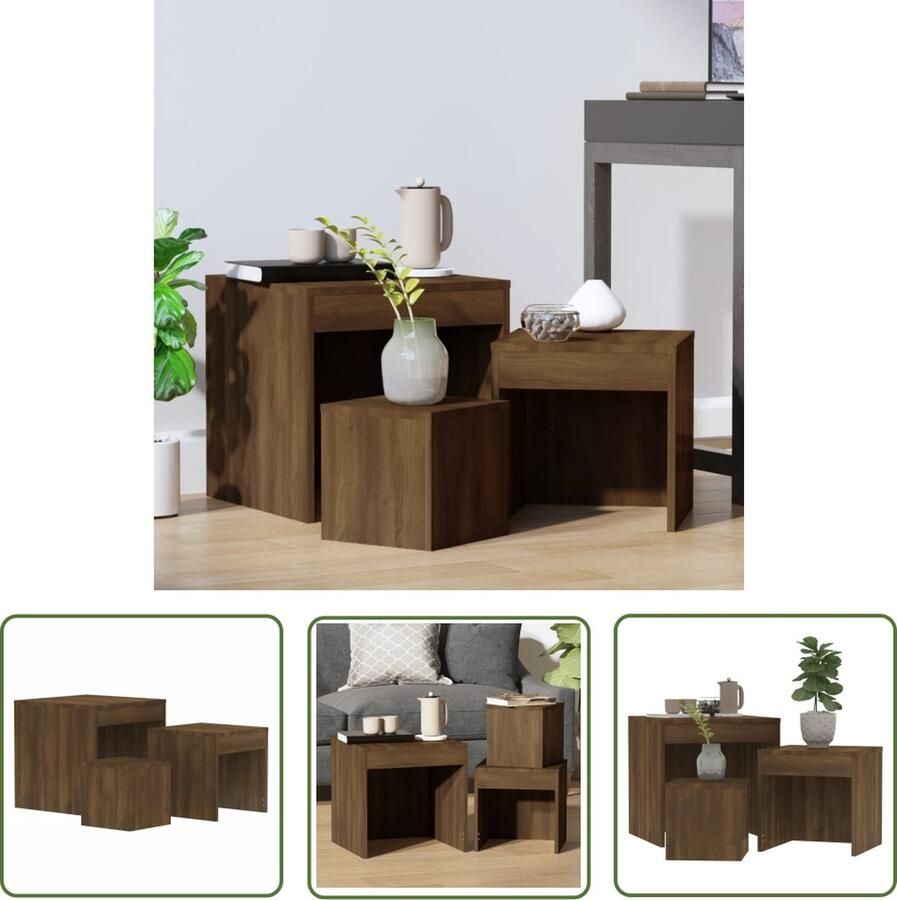 The Living Store Tafeltjesset bruineiken bewerkt hout 45 x 45 x 45 cm compact ontwerp Tafelset Bijzet Tafels Salontafel Kamermeubel Houten Meubilair - Foto 2