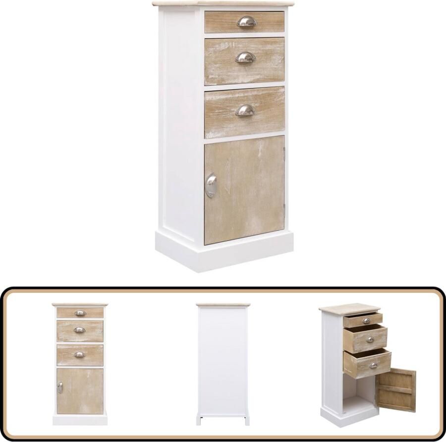 VidaXL Bijzetkast 3 lades wit-hout 38x28x86 cm Bijzetkast Ladekast Paulowniahout Salontafel Opbergkast