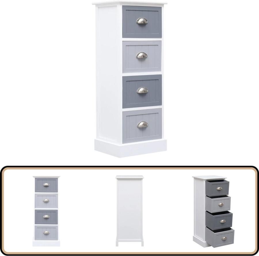 VidaXL Bijzetkast 4 lades 35x30x90 cm wit grijs Ladekast Bijzetkast Paulownia Hout Witte Kast Grijze Kast