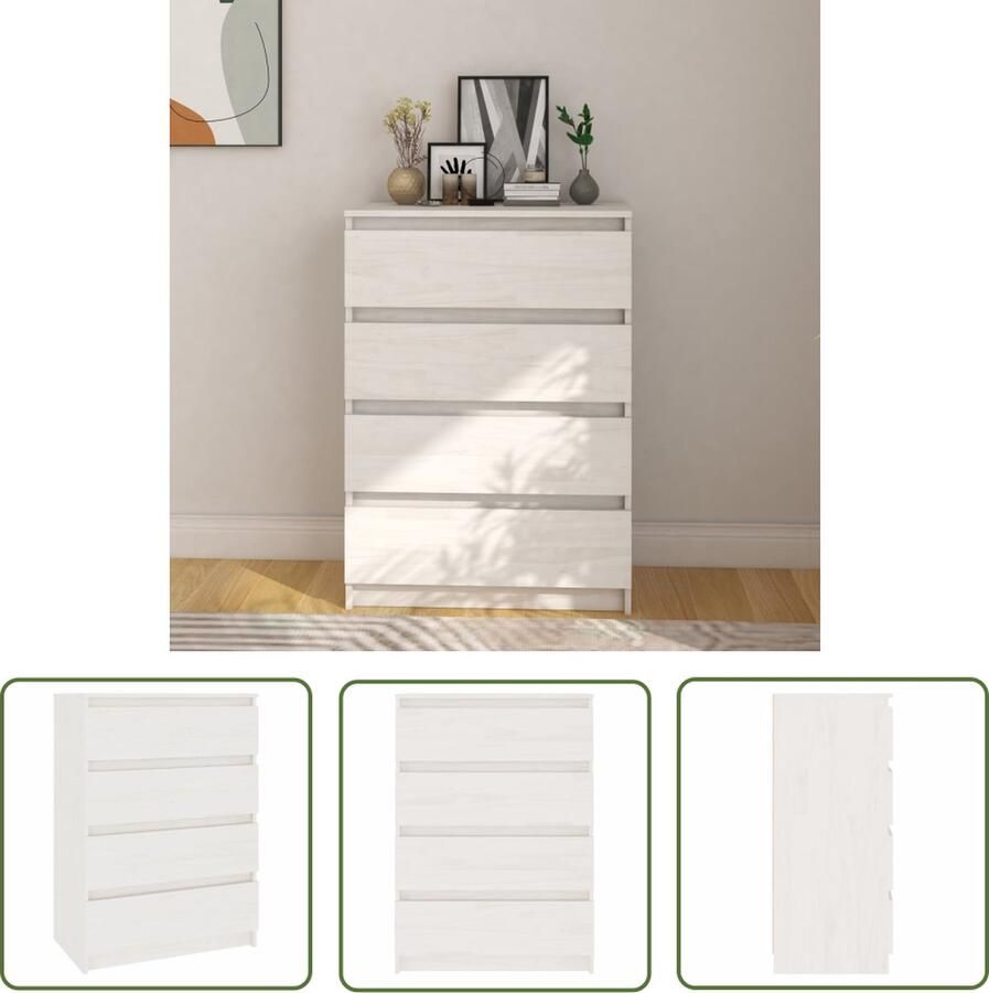 The Living Store Bijzetkast 60x36x84 cm massief grenenhout wit Ladekast Bijzetkast Opslagkast Houten Kast Witte Kast