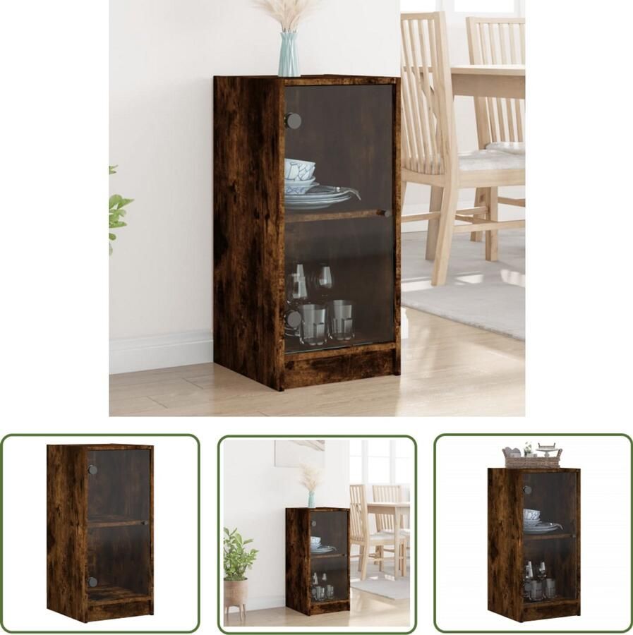 The Living Store Bijzetkast met glazen deuren 35x37x75 5 cm gerookt eikenkleurig Dressoir Bijzettafel Houten Meubel Vintage Stijl Opbergkast