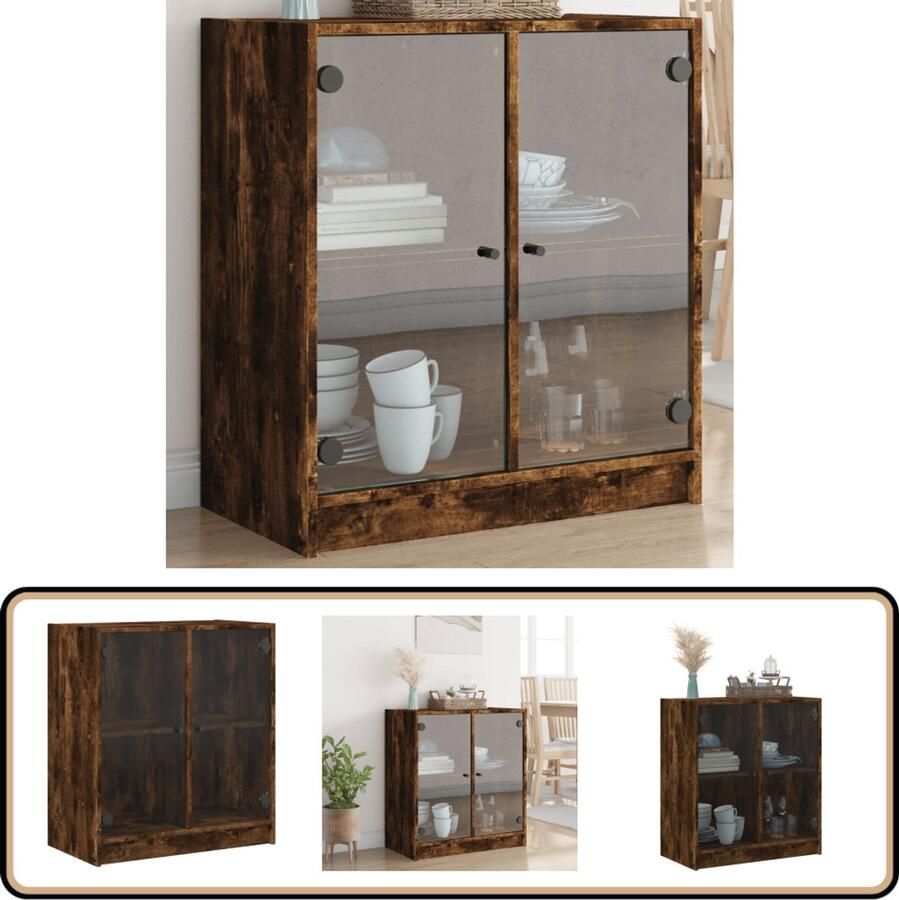 VidaXL Bijzetkast Gerookt Eiken Glazen Deuren Dressoir Vintage Meubel Houten Kast Bergruimte Vitrinekast - Foto 2