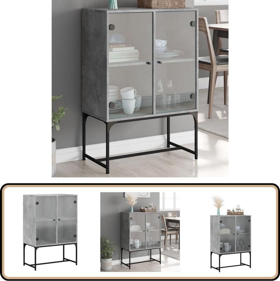 VidaXL Bijzetkast Glazen deuren Betongrijs Dressoir Bijzettafel Opbergkast Houten Dressoir Grijze Dressoir - Foto 2