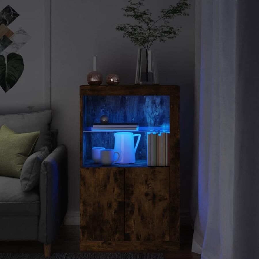 VidaXL Bijzetkast LED Hout & Glas Gerookt Eiken Bijzettafel LED Lampen Houten Kast Bruine Kast Bergruimte