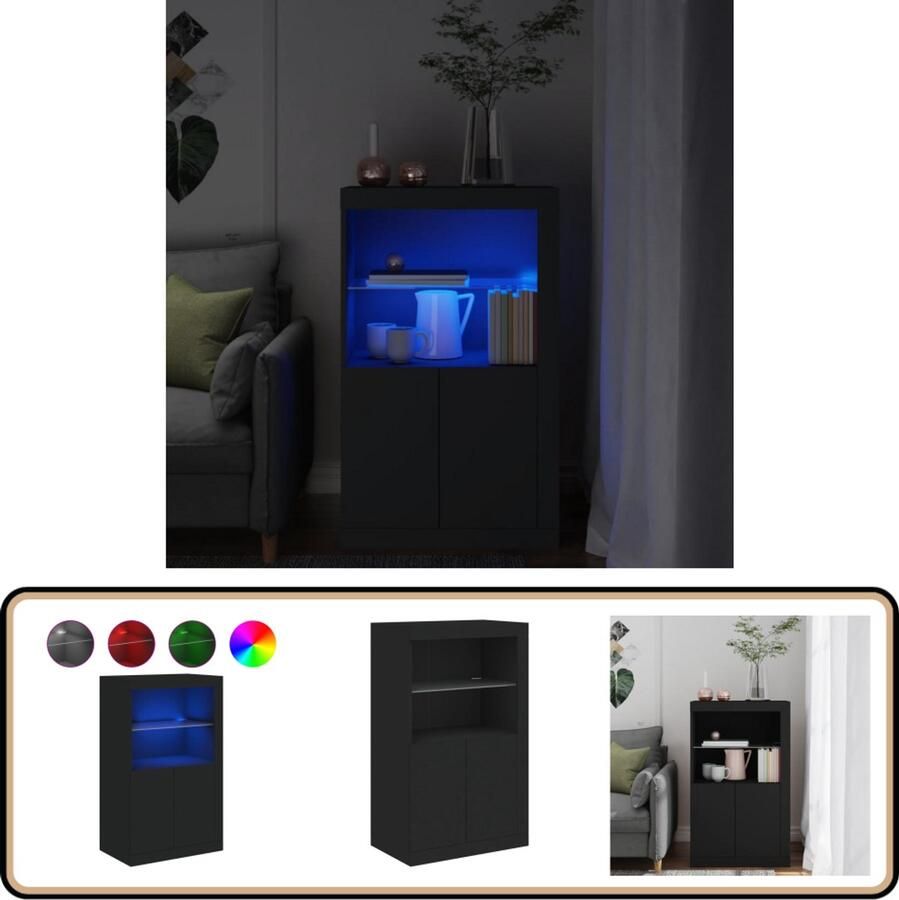 VidaXL Bijzetkast LED-verlichting Zwart Bijzettafel Led Lampen Houten Kast Opbergkast Zwarte Kast Kamermeubilair