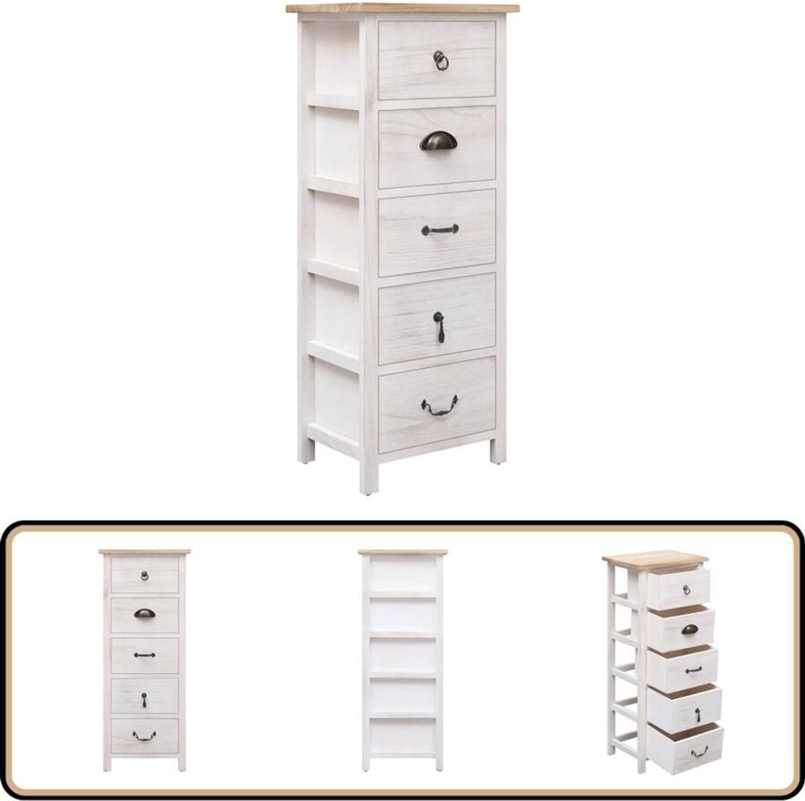 VidaXL Bijzetkast met 5 lades Wit & Houtkleur Ladekast Bijzetkast Paulowniahout Opbergkast Salontafel